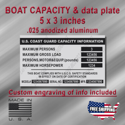 BOAT CAPACITY & Data aluminum Plate 5x3'' SILVER-Custom engraving included