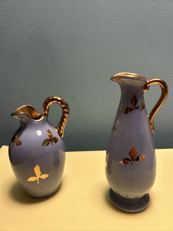 Vintage Two Small Pitchers Blue With Gold Leaves