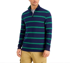 Men's Navy Blue Striped Club Room French Rib Quarter Zip Sweater, Size 2XL