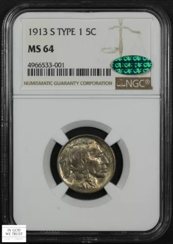1913 S Type 1 Buffalo Nickel 5C NGC MS 64 CAC