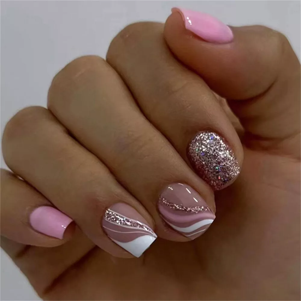 Ballerina False Nails Glitter Pink Waves Press On Nails for Nail Art 24pcs