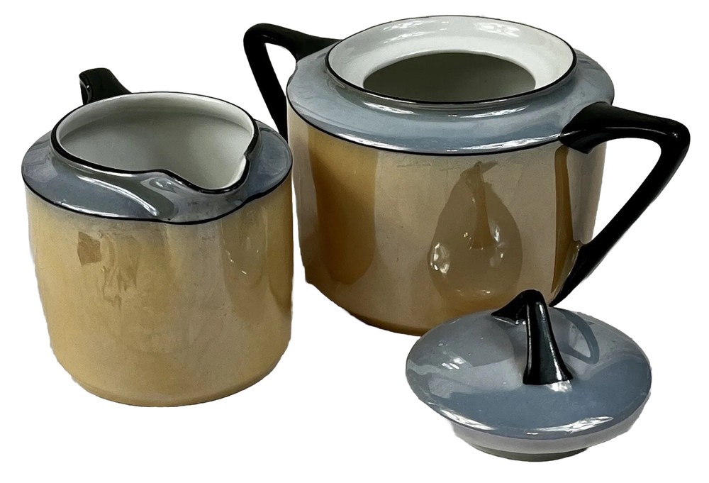 Vintage Art Deco Peach & Gray Lusterware Tea/Snack Bavaria Creamer & Sugar Set