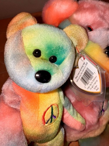 ty Peace Beanie Babies 1999 Buddies 1996 Tie Dye Rainbow Bear Set MWMT - Picture 14 of 16