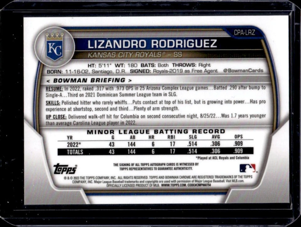 2023 Bowman Lizandro Rodriguez Chrome Auto 1st Prospect #CPA-LRZ Royals - Image 2 of 2