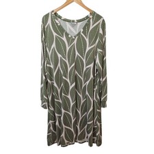 LuLaRoe Womens 2XL A Line Dress Cream Green Leaf Pattern Long Sleeves Pockets