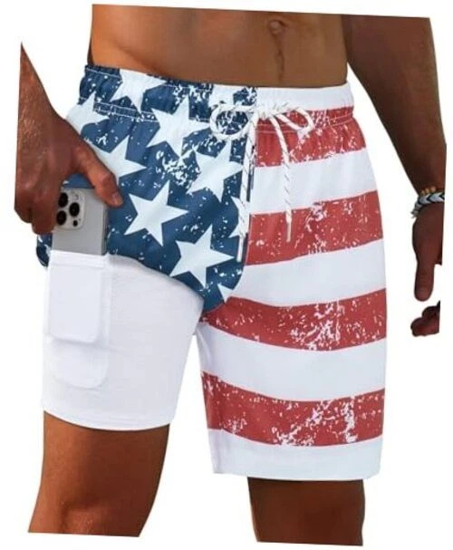 7inch Mens Swim Trunks 2 in 1 with Compression Liner Pockets Large Stripe Flag