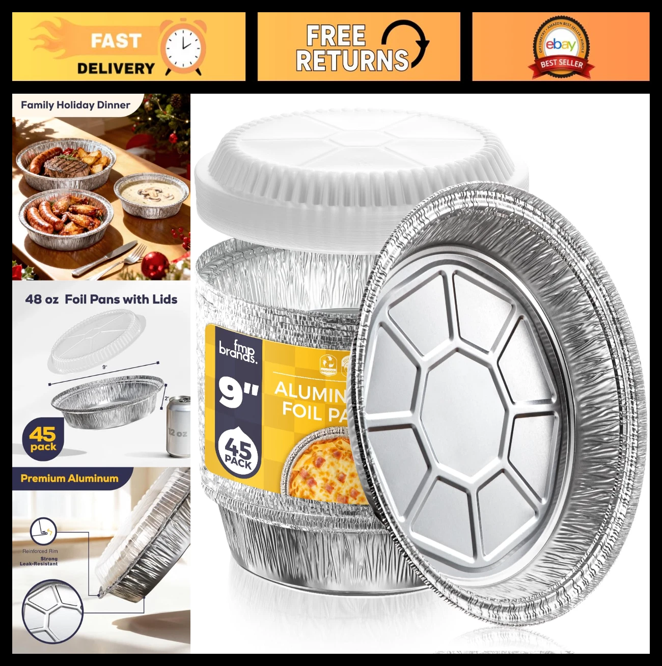 45-Pack 9" Round Aluminum Foil Pans with Lids - Disposable Baking & Storage Cont