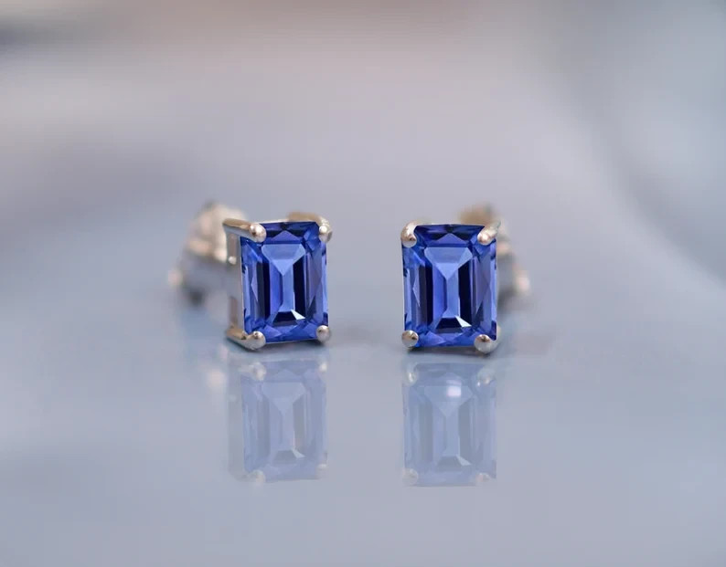 Tanzanite Rectangle Stud Gemstone 925 Sterling Si… - image 3