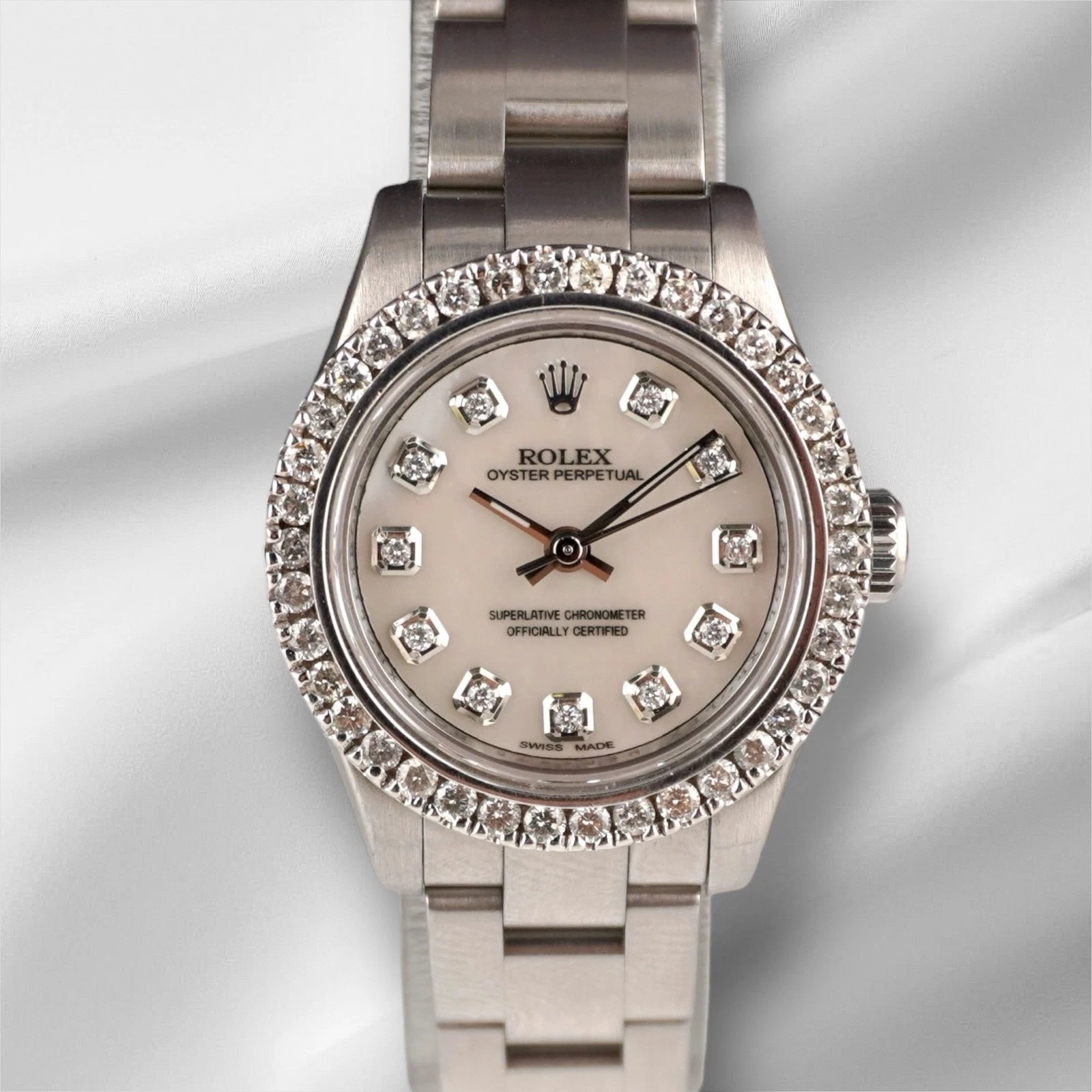 Rolex — Rolex 26mm Oyster Perpetual 2ct Natural Diamonds White Pearl Dial Watch 176200