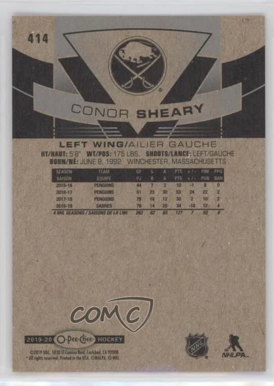 2019-20 O-Pee-Chee Wrapper Redemption Red Conor Sheary #414 - Image 2 of 2