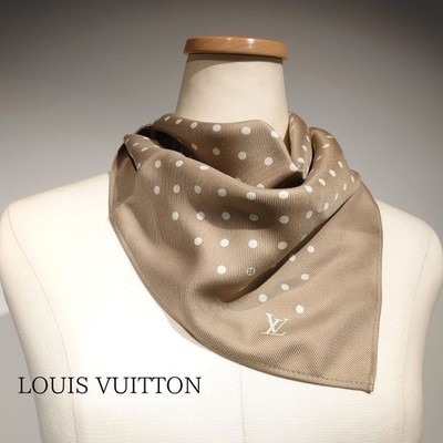 Louis Vuitton Silk Mini Scarf Dot Monogram Flower Logo Beige