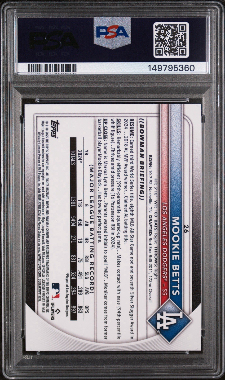 2025 BOWMAN CHROME MEGA BOX 26 MOOKIE BETTS BLUE REFRACTOR /150 PSA 10 Gem Pop 1 view 2