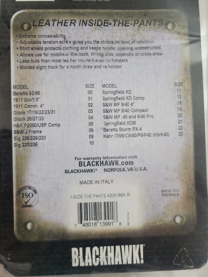 Funda de cuero Blackhawk dentro de los pantalones S&W MP 9/40 4 pulgadas negra derecha (B7) Foto 2 de 4