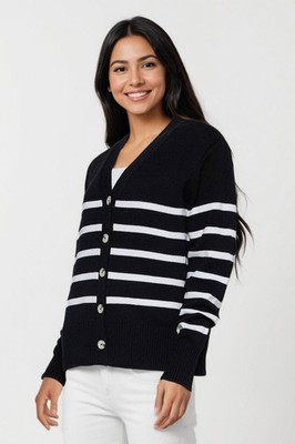 Three Dots Women s Mackenzie Knit Button Cardigan Black Stripe M $98 NWT
