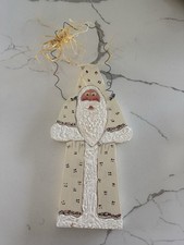 Handmade Hand Painted Santa Claus Folk Art Figure Hanging Beige 3D EH
