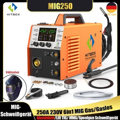 HITBOX 6in1 Schweißinverter 250A 240V LCD Aluminium Gas/Gaslos ARC TIG Spoolgun