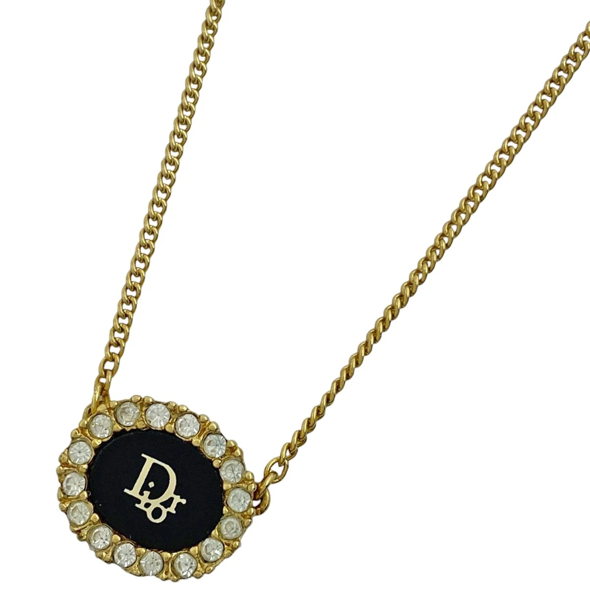 Christian Dior Logo Strass Collana Collana Collana Placcato Oro Strass Oro...