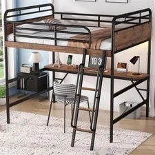 Metal Full Size Loft Bed W/ Desk /LED Light /Charge Station for Kids Teens Black