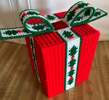 VTG Needlepoint Christmas Present Tissue Box Cover EUC 4-Sided Design, Handmade
