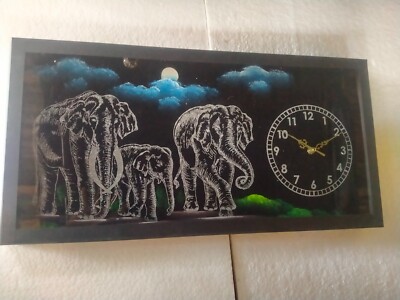 BLACK VELVET ART CLOCK Acrylic Painting Elephant Sri Lanka NEW
