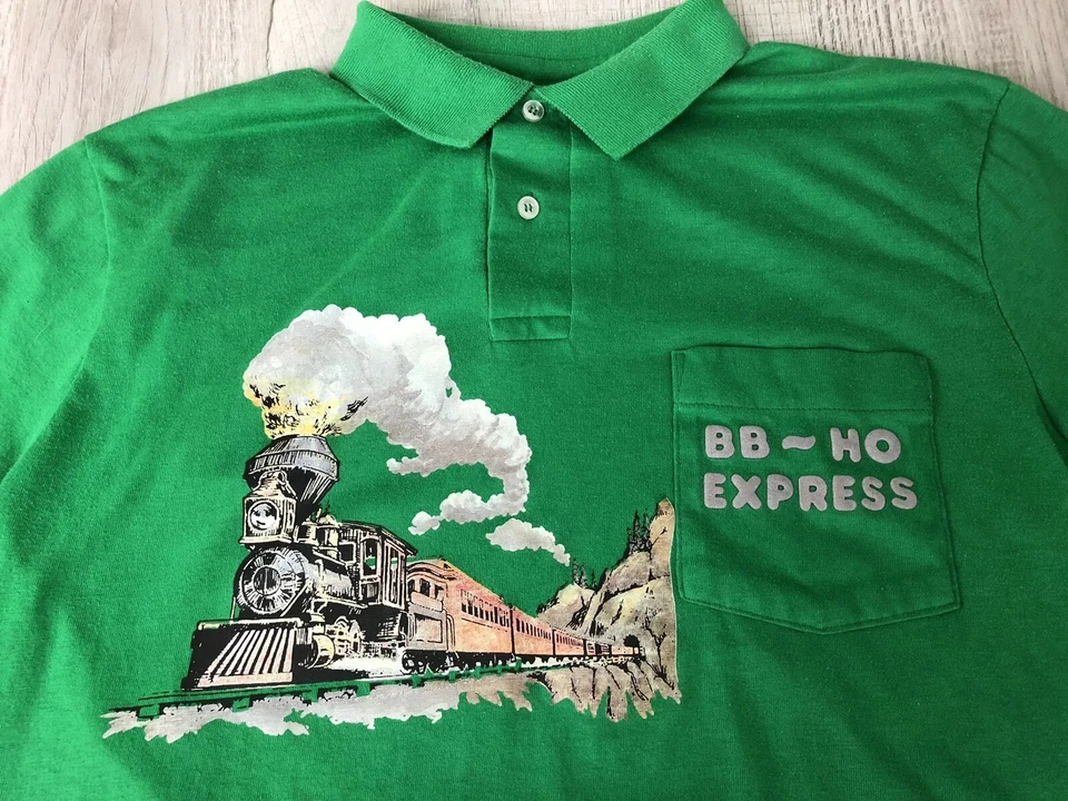 Vintage Train Shirt BB ~ HO EXPRESS Hanes Green Polo Made USA Boys Size L - Image 3 of 4