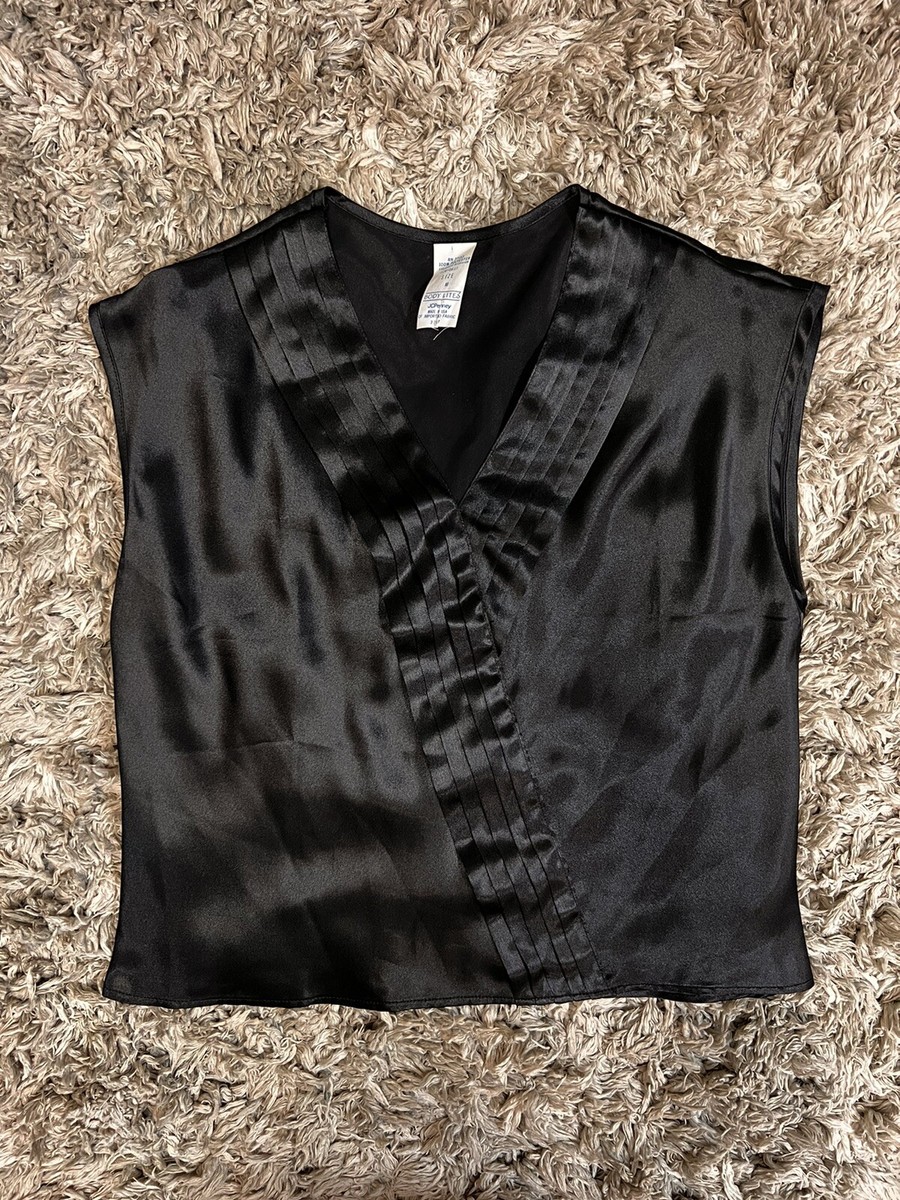 Vintage Body Lites Black Satin Faux Wrap V Neck Tank Top Blouse Size Medium