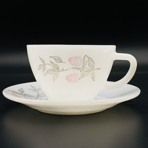 Vintage Milk Glass Cup And Saucer Set Federal Clover Blossom Pattern