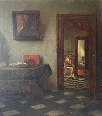 Ölbild Interieur nach Pieter de Hooch kopiert von Otto Blankenstein 1919 Berlin