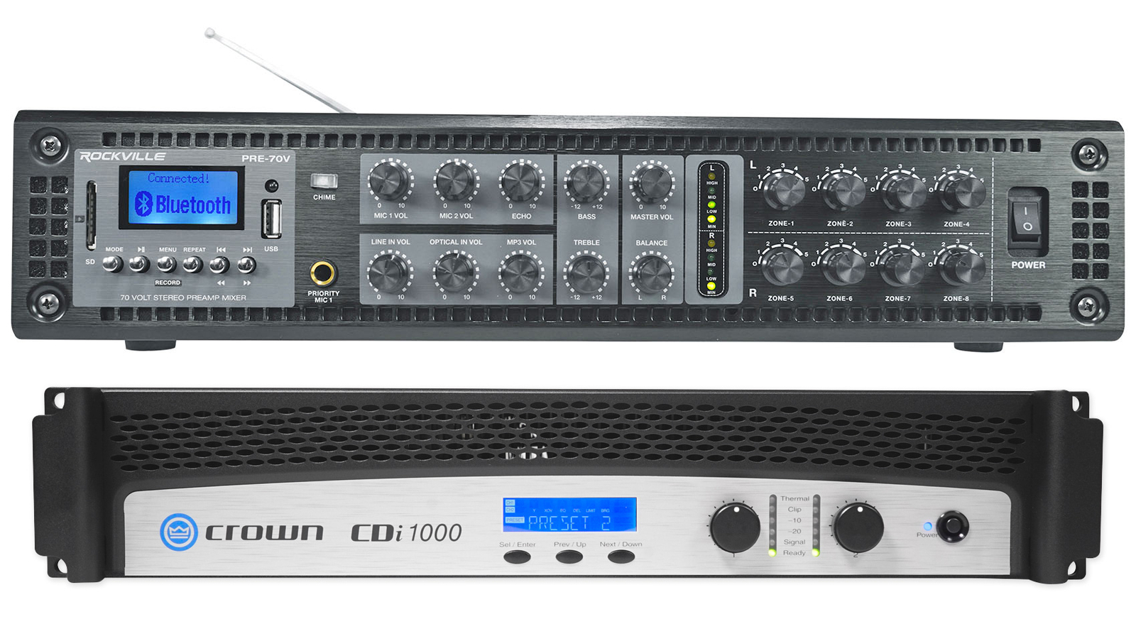 Crown CDi1000 2-канальный коммерческий усилитель мощностью 500 Вт 70 В + микшер предусилителя с Bluetooth