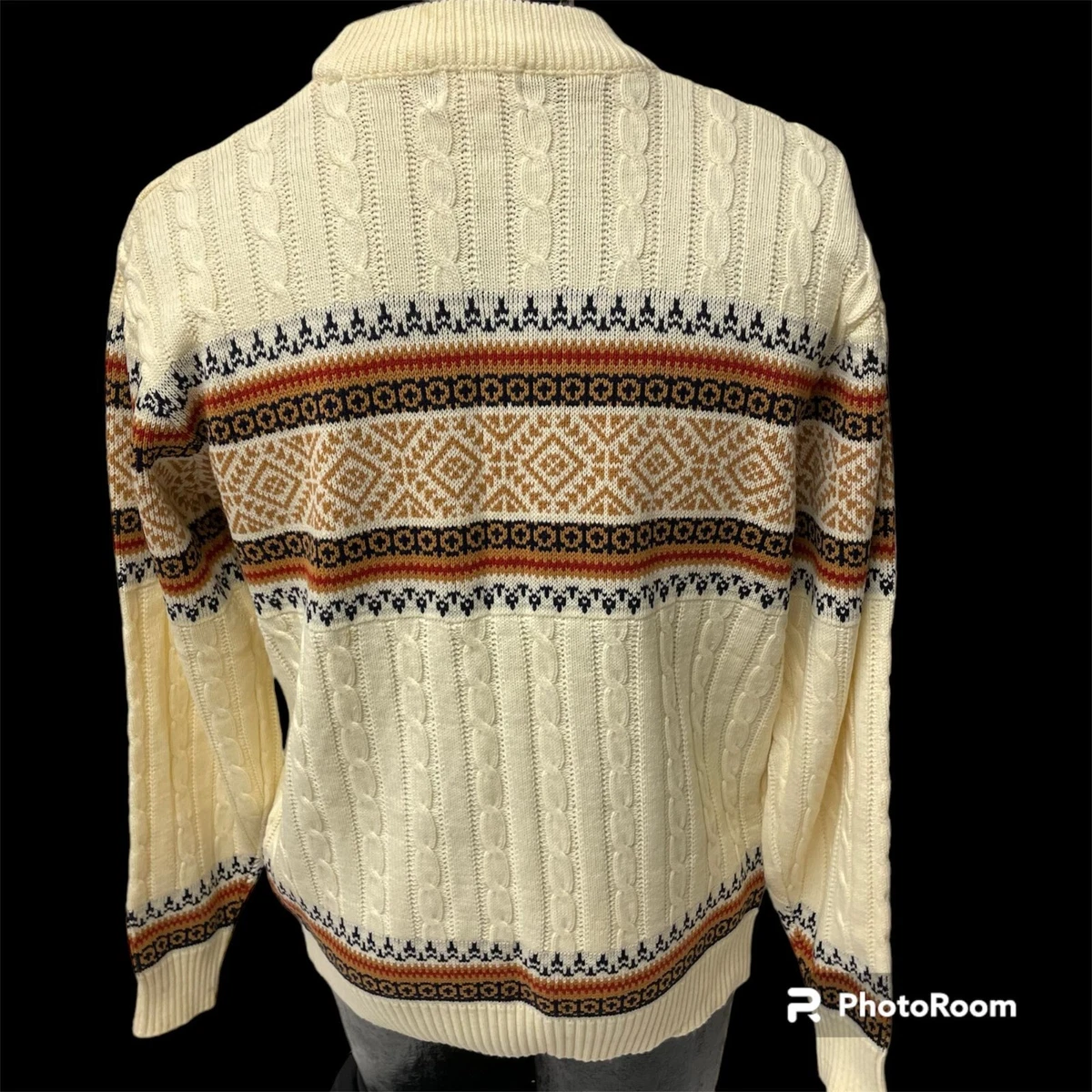 Vtg 60 s JCPenney Men Cream Rust KNIT Fair Isle NORDIC Winter Sweater L