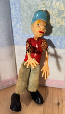 Vintage Celluloid Toy Man in Blue Hat, Wire Body, Orig Clothing, 5.5"