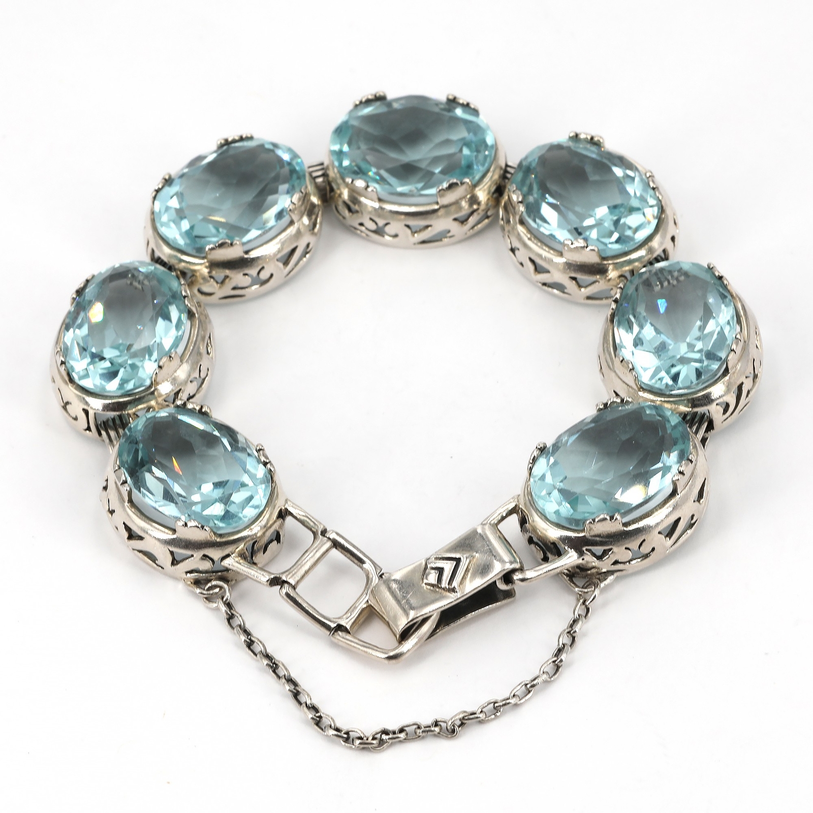 Retired Silpada BOLD Sterling BLUE LAGOON Aqua Glass Oval Link Bracelet B2093