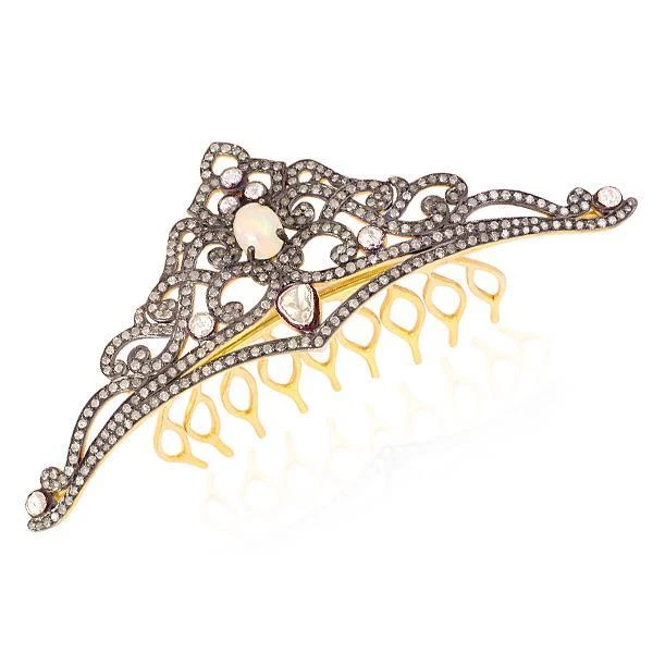 Peine de pelo corona oxidada ópalo diamante 3,38 quilates plata de ley 925 Foto 3 de 4