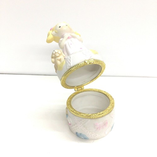 Little Girl Blonde Hair & Puppy Porcelain Trinket Box Hinged Box Pink & White - Picture 7 of 10