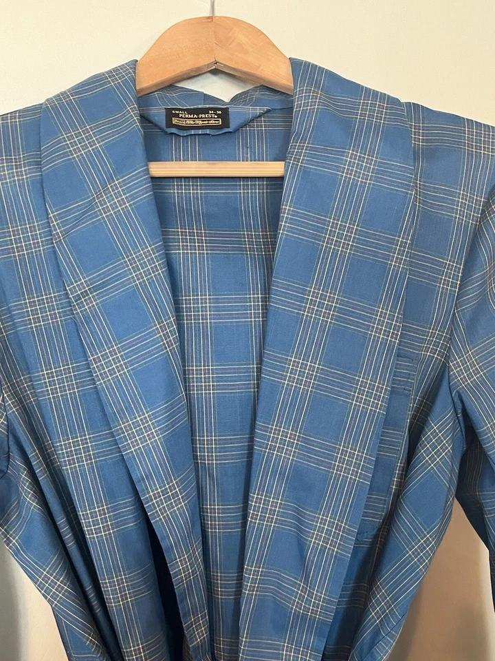 VTG 70s SEARS Perma Small 34/36 Blue Plaid Robe Lightweight Preppy Mens - Image 4 of 4