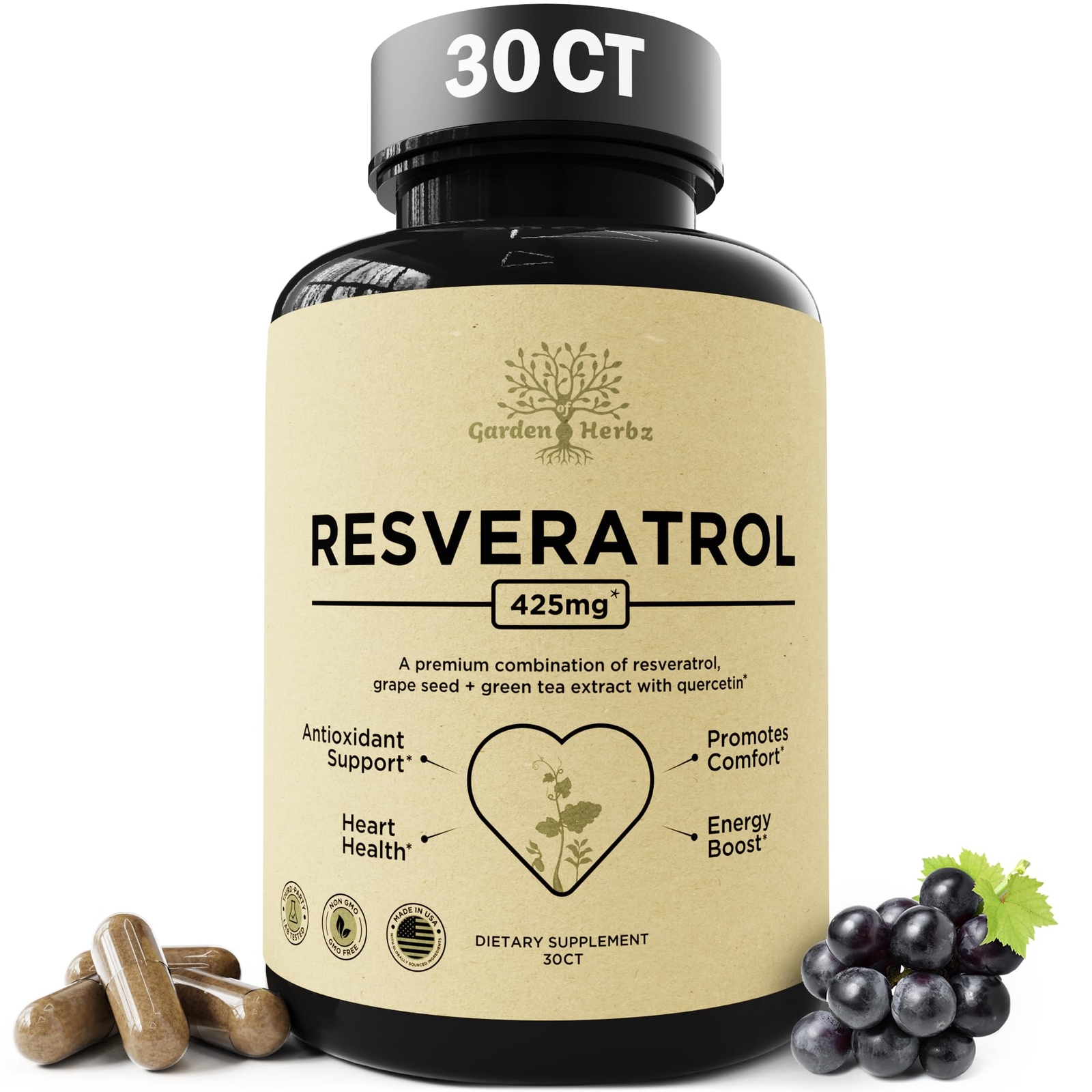 Quercetin & Resveratrol Supplement with Grape Seed – 425mg Herbal Blood Press...