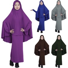 Kids Girls Muslim Abaya Maxi Dress Kaftan Prayer Niqab Burqa Khimar Hijab Caftan