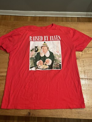 BUDDY THE ELF eating spaghetti RAISED BY ELVES red CHRISTMAS SHIRT sz XL