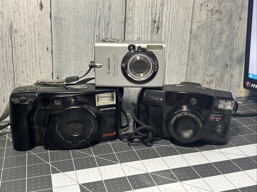 Lot of 3 Digital & Film Cameras PARTS or REPAIR Damaged Olympus Canon Panasonic - Picture 1 of 14