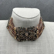 Chunky Statement Multistrand Beaded Choker Rhinestone Boho Art Deco Gold Tone