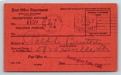 1929 Post Office Dept. Registered Mail Return Receipt Minneapolis to California