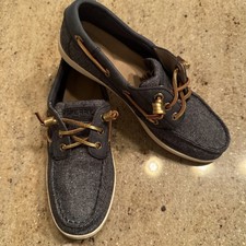 New Sperry Top Sider Women Songfish Sparkle Linen Navy Blue Boat Shoes Sz 7