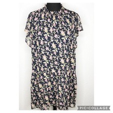 LOFT navy blue pink gold metallic floral ruffle trim dress size Medium