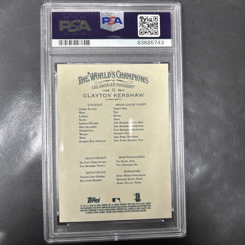 Clayton Kershaw 2008 Allen & Ginter RC #72 - PSA 10 - Los Angeles Dodgers - Image 2 of 2