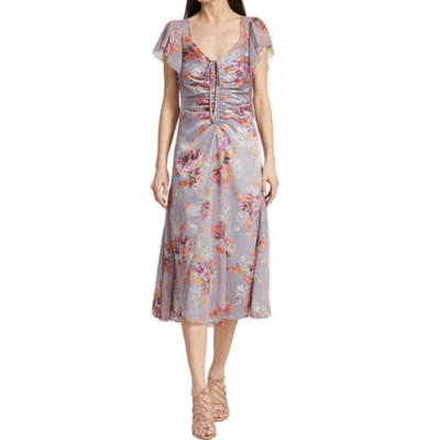 NWT- CINQ À SEPT 'Terrence' Floral-Satin Midi-Dress, Grey Multi - Size 2