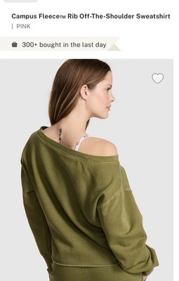 Love Pink Campus Fleece Off-the-Shoulder Relaxed Fit Sweatshirt Green L