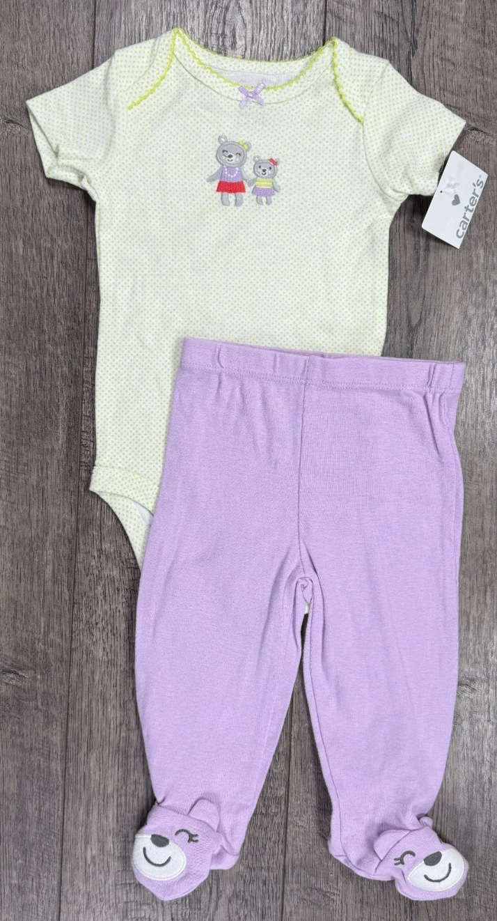 Baby Girl Clothes New Vintage Carter's 3 Month 2pc Purple Bear Footed Outfit
