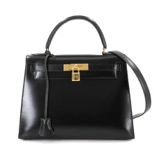 HERMES Kelly 28 Box carf Black 2way Hand Shoulder Bag Purse 90286425