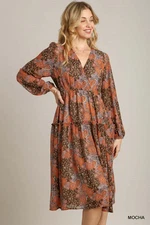 Umgee Mocha Floral V-Neck Cross Over Long Sleeve Tiered Maxi Dress