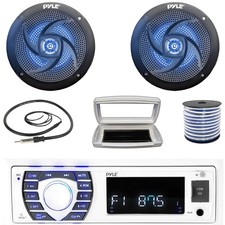 Pyle 1-DIN Bluetooth Marine MP3 Radio W/Cover, 2x 6'' 240W Max Blue LED Speakers